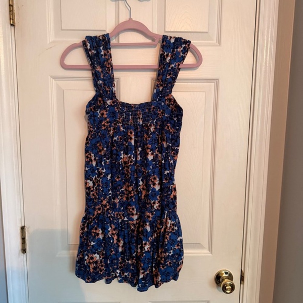 Free People Blue Floral Print Sleeveless Mini Dress XS Smocked Sun Dress - Picture 6 of 10